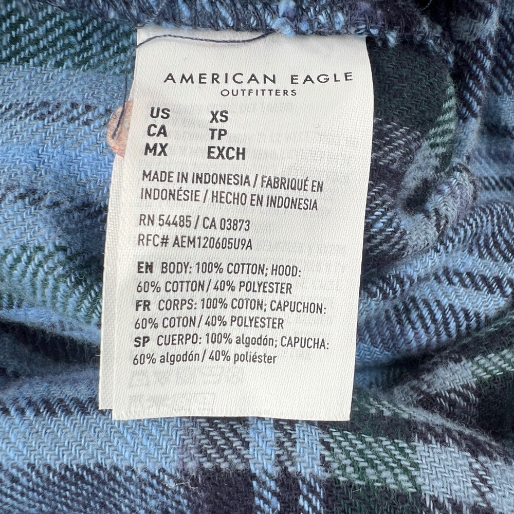 American Eagle Blue Plaid Hooded Flannel Shirt Button Size XS Grunge Skater - Picture 6 of 7
